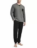 Marvmys Herren Schlafanzug Lang Baumwolle Winter Pyjama Set Schlafanzüge Männer Langarm Shirt mit Brusttasche Pyjamahose mit Tasche und Bündchen dunkelgrau L