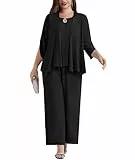 Hanna Nikole Damen Hosenanzug Abendanzug Sets Chiffon Shirt Und Hohe Taille Hosenanzug Elegant Vintage 3-Teiliges Set Mit Ärmellose WesteOutfit Cocktail Hosenanzug Schwarz 48