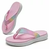 WateLves Flip Flops Kinder Zehentrenner Mädchen Badelatschen mit dicken Sohlen Sommer Strand und Pool Rutschfeste Zehensandalen(Regenbogen Rosa, 32EU)