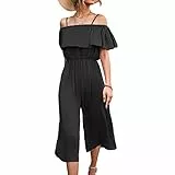 GOTOTOP Damen Sommer Jumpsuit Schulterfreies Overalls Tunika Plissee Spagettiträger Romper Sexy Casual Weißes Bein Hosenanzug Playsuit(L-Schwarz)
