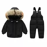XINYUNZU Schneeanzug Kinder Skianzug 2 Teilig Warm Winddicht Skijacke + Skihose Set Latzhose mit Winterjacke Skikleidung Winteranzug Schneeanzüge für Jungen und Mädchen Schwarz 2 Jahre