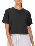 THE GYM PEOPLE Sport Crop Top Damen Kurzarm Lockeres Yoga Shirts Atmungsaktives Bauchfrei Oberteil Basic Fitness Sportshirt, Schwarz, M