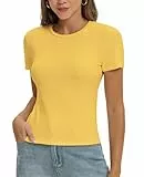 Damen Basic T-Shirt Y2K Slim Fit Oberteile Elegant Stretch Unterziehshirt Einfarbiges Top(Mango Gelb-F1,M)