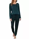 Vlazom Schlafanzug Lang Zweiteiliger Damen Schlafanzug Rundausschnitt Damen Pyjama Set mit Karierter Hose Langarm Pyjama Set（L，Stil 3-Dunkelgrüne + Navygrüne Karierte Hose）