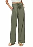 Glacspyg Damen Hosen Flowy Wide Leg Freizeithose Casual Beach Strandhose High Waisted Kordelzug Palazzo Hosen mit Taschen Graugrün 2XL