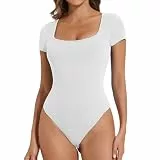 Joyshaper Damen Kurzarm Body Elegant Eckiger Ausschnitt T-shirts Ribbed Leotard Tops Sommer Bodysuit Oberteil Damenbody Stringbody Tanga Weiß-1,M