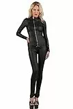 MISS NOIR Damen Overall im Wetlook S-3XL Sexy Jumpsuit Catsuit mit Reißverschlüsse Party Clubwear, Schwarz (20750-BK), L