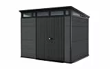 Keter Cortina 9x7 Gerätehaus mit Boden, wetterfest und UV-beständig, doppelwandig mit Stahlrahmen, Pultdach und Belüftung, 279 x 218 cm, grau