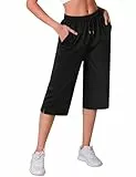 Crewhpo Jogginghose Damen 3/4 Lang Trainingshose High Waist mit Taschen Freizeithose Sporthose Sweathose für Frauen Trainingsanzug Hose mit Kordelzug Schwarz