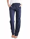 UMIPUBO Freizeithose Damen Sommer, Einfarbig Freizeit Hose Elastischer Bund mit Kordelzug, Elegant Baumwolle Leinenhose Jogginghose Mit Taschen (Navy Blau,XXL)
