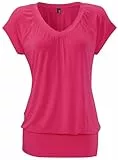 DOTIN Damen T-Shirt V-Ausschnitt Kurzarmshirt Causal Oberteil Falten Tops Stretch Tunika Basic Tee, Koralle, L