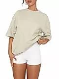 Oversize Damen T-Shirt Basic Einfarbig Rundhals Kurzarm Oberteile Baumwolle Breite Schulter Tshirt Tops(Light Green-K2,S)