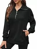BAISHENGGT Damen Sweatshirt Halber Reißverschluss Pullover Langarm Tops Lose Casual Herbst Langarmshirt mit Taschen Schwarz XL