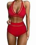 RXRXCOCO Damen Mesh Neckholder Rückenfrei Bauchweg High Waist Bikini Set Push Up Sexy V Ausschnitt Zweiteiliger Badeanzüge Bademode Rot Size L