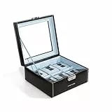 Friedrich|23, Uhrenkasten, Für 6 Uhren, Leder-Optik, Mit Glasdeckel, 18 x 18 x 8,5 cm, Abschließbar, Bond, Feinsynthetik, Schwarz, 20085-2