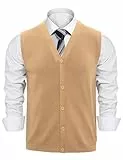 Sykooria Strickweste Herren Baumwolle Ärmellos Feinstrick Cardigan mit Knopfleiste V-Ausschnitt Weste für Büro Freizeit Übergangszeit, Khaki L