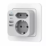 Mehrfachsteckdose mit 4 USB Ports, Mehrfachstecker für Steckdose mit 2 Fach Stecker, Steckdosenadapter mit USB C Port, Doppelstecker für USBC Steckdose, Steckdosenleiste (Grau)