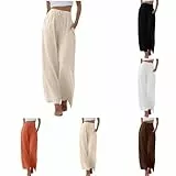 Fulidngzg Sommerhose Damen Leicht Leinen Casual Locker Leinenhose Freizeithose Musselin Palazzo Hose Weite Leg Stoffhose Hohe Taille mit Tunnelzug und Taschen