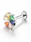 PiercingJak 16G Titan Helix Piercings mit bunte Zirkonia Blume Innengewinde Lippenpiercing Labret Medusa Monroe Ohr Klein Tragus Stud Piercing Stäbe Stecker 8mm, Silber