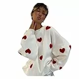 DaiWeier Damen-Strickpullover mit Herz-Stickerei, süßer und schicker Langarm-Pullover mit Rundhalsausschnitt, lässig (Color : Weiß, Size : S)