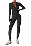Ecupper Jumpsuit Damen Elegant Reißverschluss Front Einteiler Sport Romper Langarm Overall mit Taschen Yoga Casual Schwarze Tasche M