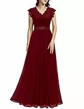 Dressystar Damen Lang Ballkleid Spitze Chiffon V Ausschnitt Maxilang Abendkleid Elegant für Hochzeit Cocktailkeider Dunkelrot XL