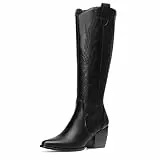 DREAM PAIRS Kniehohe Damen Westernstiefel, bequemer, klobiger Blockabsatz, spitzer Zehenbereich, seitlicher Reißverschluss, Wildleder-Slouch-Reitstiefel,Size 38,Schwarz/Pu,SDKB224W