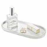 Luxspire Schmuck Tablett mit Goldrand, Ovales Kosmetiktablett Hitzebeständig Keramik Badezimmertablett Küchen Platte Schmuckaufbewahrung Organizer für Badezimmer Schlafzimmer, S Größe, Marmor Weiß
