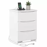 Brinlawb Nachttisch mit LED-Beleuchtung und Ladestation (2 AC-Steckdosen & 2 USB-Anschlüsse), Nachtschrank mit 3 Schubladen Beistelltisch Sofatisch für Schlafzimmer, Wohnzimmer, Einfache Montage, Weiß