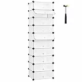 SONGMICS Schuhregal, DIY, Schuhschrank mit Tür, 10 Ebenen, aus PP-Kunststoff, Schuhablagen, mit Gummihammer und Umkippschutz, halbtransparent weiß, LPC10W