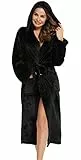Vlazom Damen Winter Bademantel Flanell mit Kapuze Langärme Morgenmantel Saunamantel Flauschiger Robe Hausmantel（L，Schwarz）