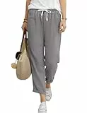 CMTOP Hosen Damen Sommerhose 7/8 Leichte Musselin Baumwolle Hose Sommer Gerade Freizeithose Bequeme Luftig Stoffhose Elastischem Bund Strandhose mit Taschen (Grau, L)