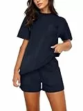 Wayleb Lounge Set Damen Elegant Sommer Kurzarm Rundhals Oberteile und Kurz Hose mit Seitentaschen Outfits Freizeitanzug Einfarbig Sportanzug Streatwear, Blau XXL