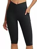 baleaf Damen Yoga Capri Leggings mit Taschen Sport Leggings High Waist Knielange Yogahose Kurze Radlerleggings Slim Fit Gym Casual Sommer Schwarz XXL