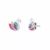 Herzengel Mädchen Kinder Ohrstecker Ohrringe aus Sterling Silber mit buntem Schwan aus Emaille - Steckverschluss - nickelfrei
