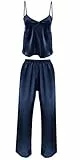 Damen Pyjama Set aus Satin – 2-teiliges Schlafanzug Set mit Spaghettiträger Top & Langer Hose – Elegante Nachtwäsche & Loungewear für Frauen – Weich, luftig, bequem (Marine, XL)