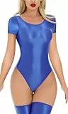 Adigau Jumpsuit Damen Kurz Glänzende Unterhemd Bodysuit Frauen Leotard Playsuit Einteiler Stretch Dünne Transparent XL Blau