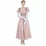 Fiamll Regency Kleid Damen Lange Kurzarm Viktorianisches Kleid mit Handschuhen Jane Austen Tüllkleid Cocktailkleid Abendkleid Rosa XL