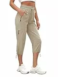 StylSense Caprihose Damen Sommer Casual 3/4 Hose Atmungsaktiv Outdoor Jogginghose Wanderhose Stretch Leichte Sommerhose mit Taschen（Khaki,L