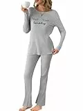 Fisoew Damen Schlafanzug Lang Pyjama Set Gerippt Gestrickte Wimperndruck Oberteil Hosen Zweiteiler Winter Lounge Nachtwäsche(Grau, L)