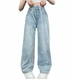 Rolanko Mädchen Jean Hosen Loch Denim Blau Jeans, Vintage Hose mit weitem Bein für Kinder Fit, Herz Stickerei, Größe: 13-15 Jahre/170
