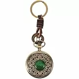 ibasenice Retro Taschenuhr mit Schlüsselanhänger – Vintage Quarz Uhr Bronze mit Grünem Stein & Lederband – Gut lesbares Zifferblatt mit Großen Arabischen Ziffern – Geschenk für Herren, Damen & Senior