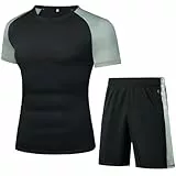 Wayleb Jogginganzug Herren kurz Trainingsanzug Sportanzug Atmungsaktiv Rundhals Sportbekleidung Komfortables Sportshirt Sporthose mit Reißverschlusstasche für Sport Fitness, Schwarz L