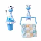 Jauhmui Zahnputzbecher Handtuchhalter Set für Kinder, Cartoon Tiere Zahnbürstenhalter, Zahnbürstenhalter ohne Bohren,Reinigungsmittel Für Babys (Milchkuh)