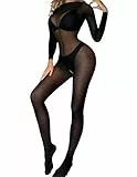ROSVAJFY Bodystocking Damen Sexy Transparenter Netz Bodysuit Langen Ärmeln Elastische Ganzkörper Strumpfhose Full Body Stockings Frauen Netzstrumpfhose Reizwäsche für Partys Weihnachten (Schwarz)