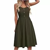 Yageshark Sommerkleid Damen Einfarbig Spaghetti Swing Strandkleid Knielang A-Linien Knopf Kleid Midikleid (Grün,Medium)