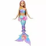 Barbie Meerjungfrauen-Spielzeugpuppe mit magischer Überraschungsblüte, Schwanzflosse mit Farbverlauf, perlenbesetztem Haarreif und langem blonden Haar mit rosa Strähchen, JDM72