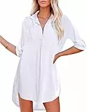 UNibelle Strandkleid Damen Bikini Cover Up Tunika Bluse Strandkleid Damen Shirt Strandhemd Sommer Cuffed Sleeve Shirts Tops, A_weiß, L