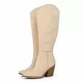 Hawkwell Damen-Stiefel mit kniehohem Absatz und Blockabsatz, spitzer Zehenbereich, klassischer Abendstiefel, Beiges Wildleder, EU 41