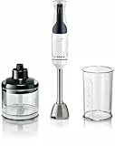 Bosch Stabmixer ErgoMaster Serie 4, mit Zerkleinerer, 4 Edelstahl-Klingen, verschleißfreie Keramik-Kupplung, langlebig, Mixbecher, kein Spritzen, 600 W, weiß, MSM4W220